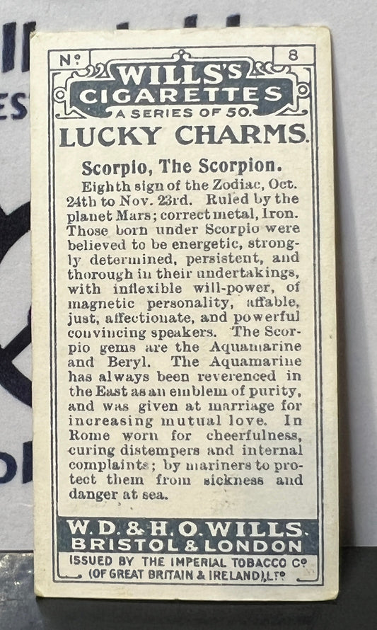 1923 WILL'S CIGARETTES LUCKY CHARMS CARD SCORPIO, THE SCORPION # 8