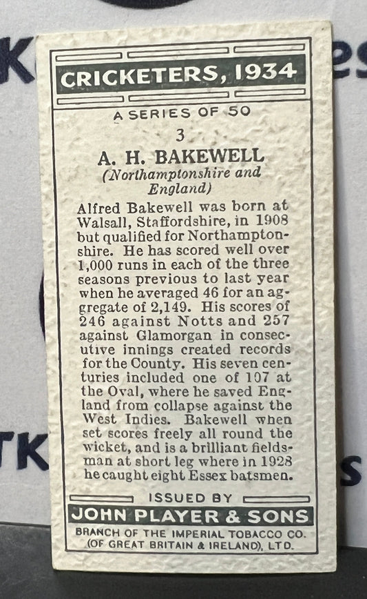 1934 PLAYER'S CIGARETTES  CRICKETERS  A.H. BAKEWELL # 3 JOHN PLAYER & SONS CARD