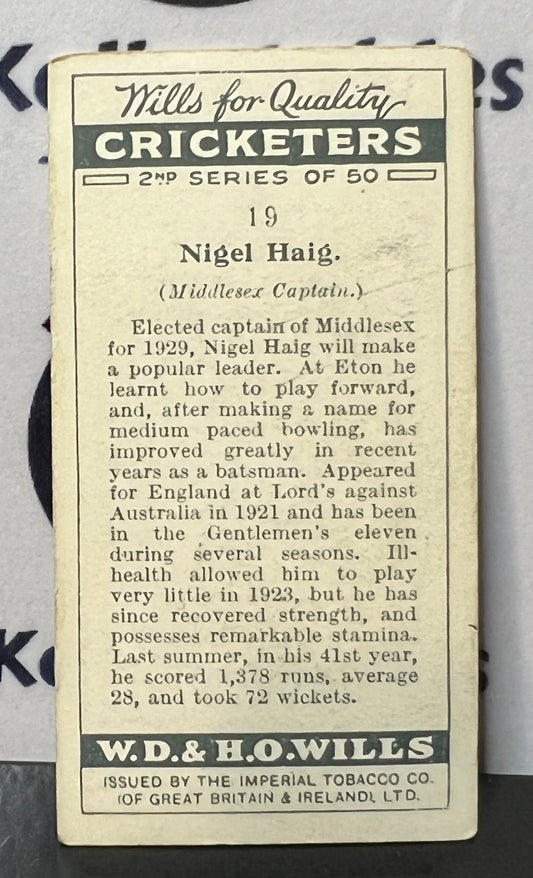 1929 WILL'S  CIGARETTES  CRICKETERS  NIGEL HAIG # 19  W.D.& H.O. WILLS CARD