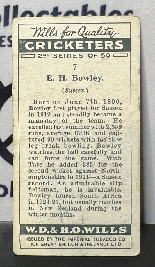1929 WILL'S  CIGARETTES  CRICKETERS  E.H. BOWLEY # 7  W.D.& H.O. WILLS CARD