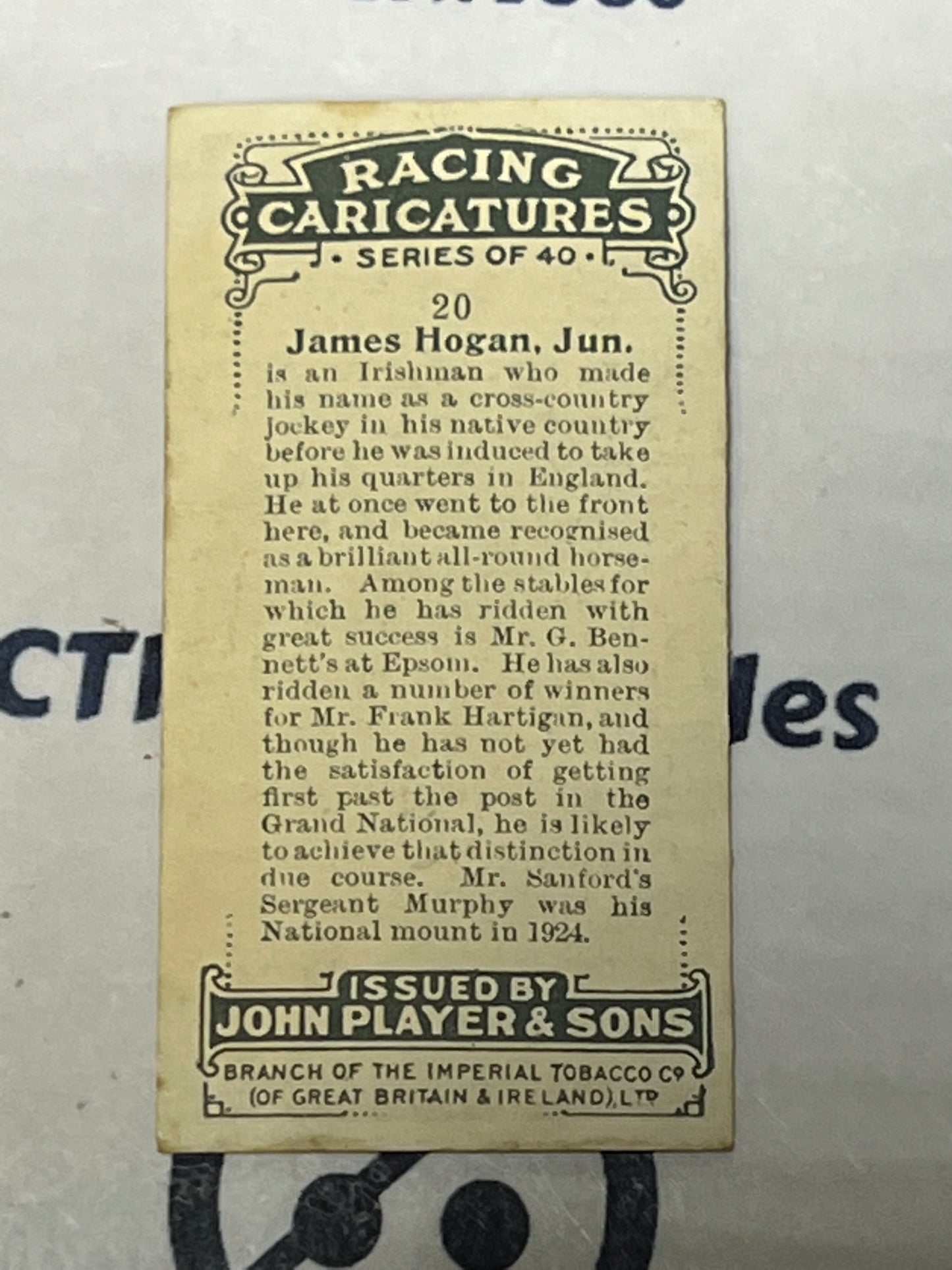 1925 PLAYER'S CIGARETTES HORSE RACING CARICATURES JAMES HOGAN, JUN # 20 JOHN PLAYER & SONS CARD