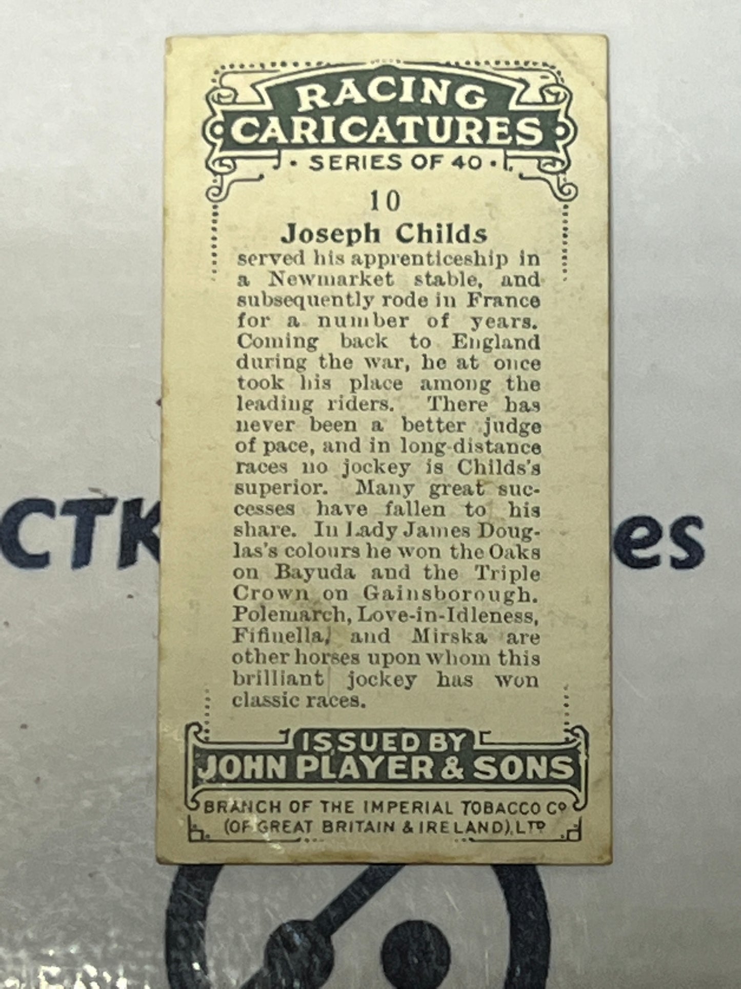 1925 PLAYER'S CIGARETTES HORSE RACING CARICATURES JOSEPH CHILDS # 10 JOHN PLAYER & SONS CARD