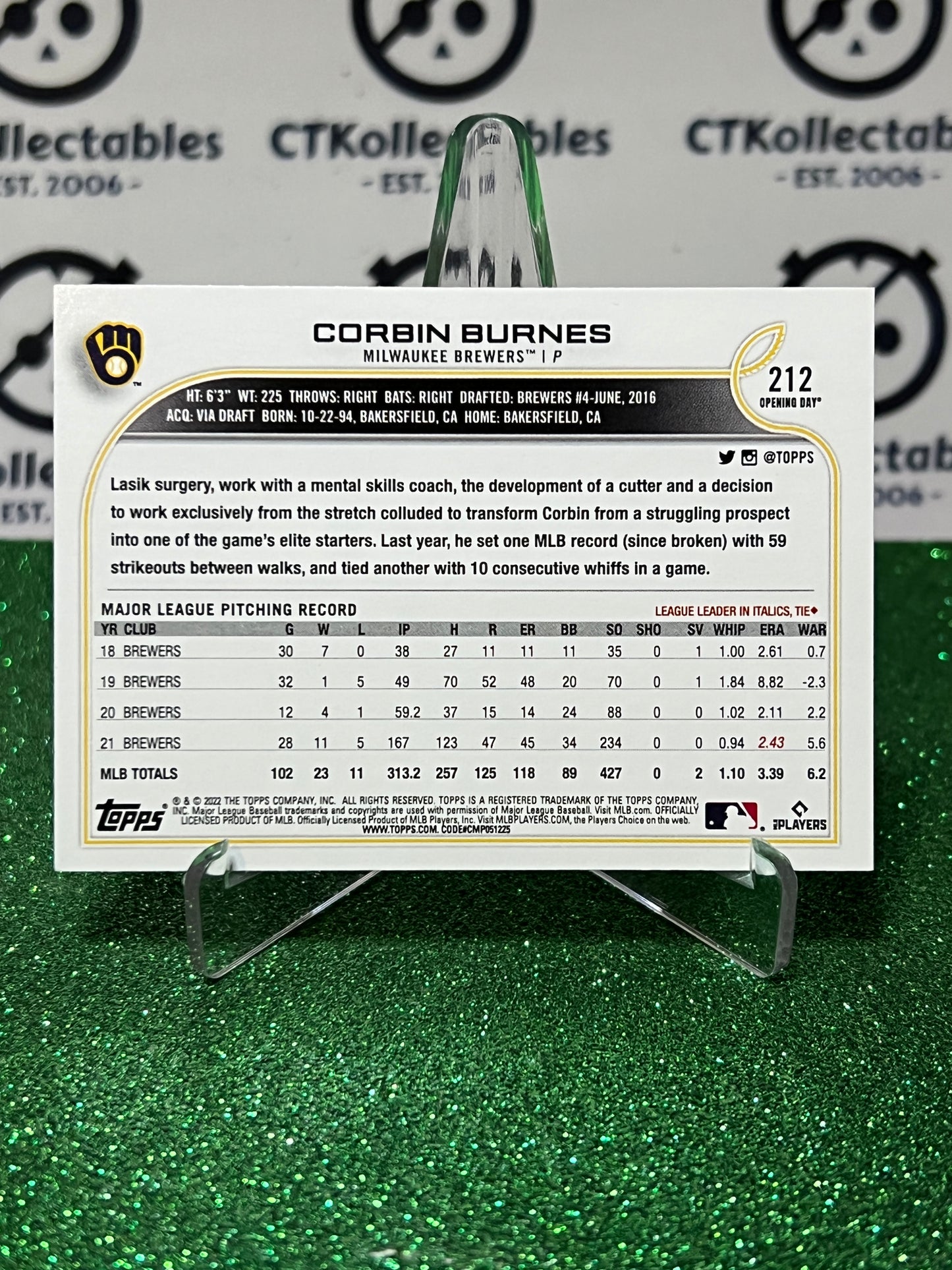 2022 TOPPS OPENING DAY CORBIN BURNES # 212 MILWAUKEE BREWERS BASEBALL CARD