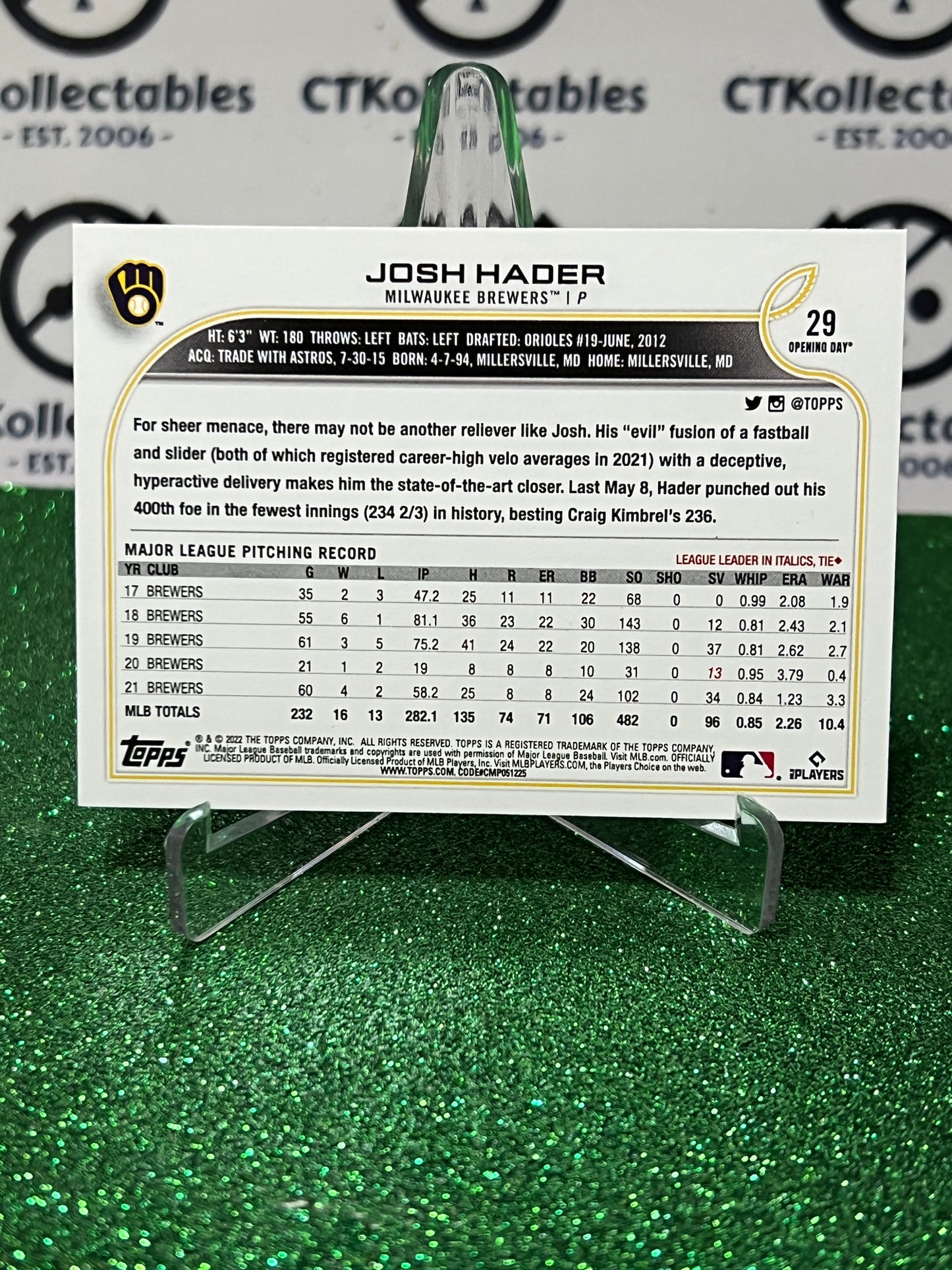 2022 TOPPS OPENING DAY JOSH HADER # 29 MILWAUKEE BREWERS BASEBALL CARD