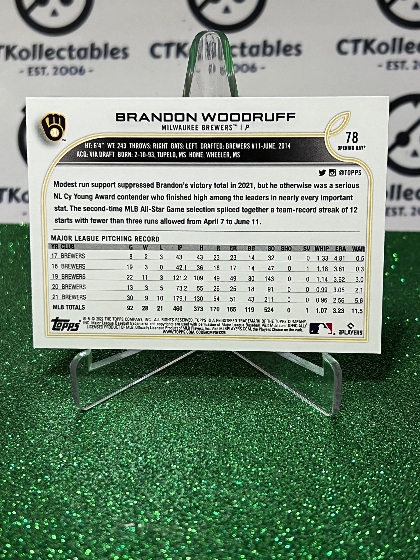2022 TOPPS OPENING DAY BRANDON WOODRUFF # 78 MILWAUKEE BREWERS BASEBALL CARD