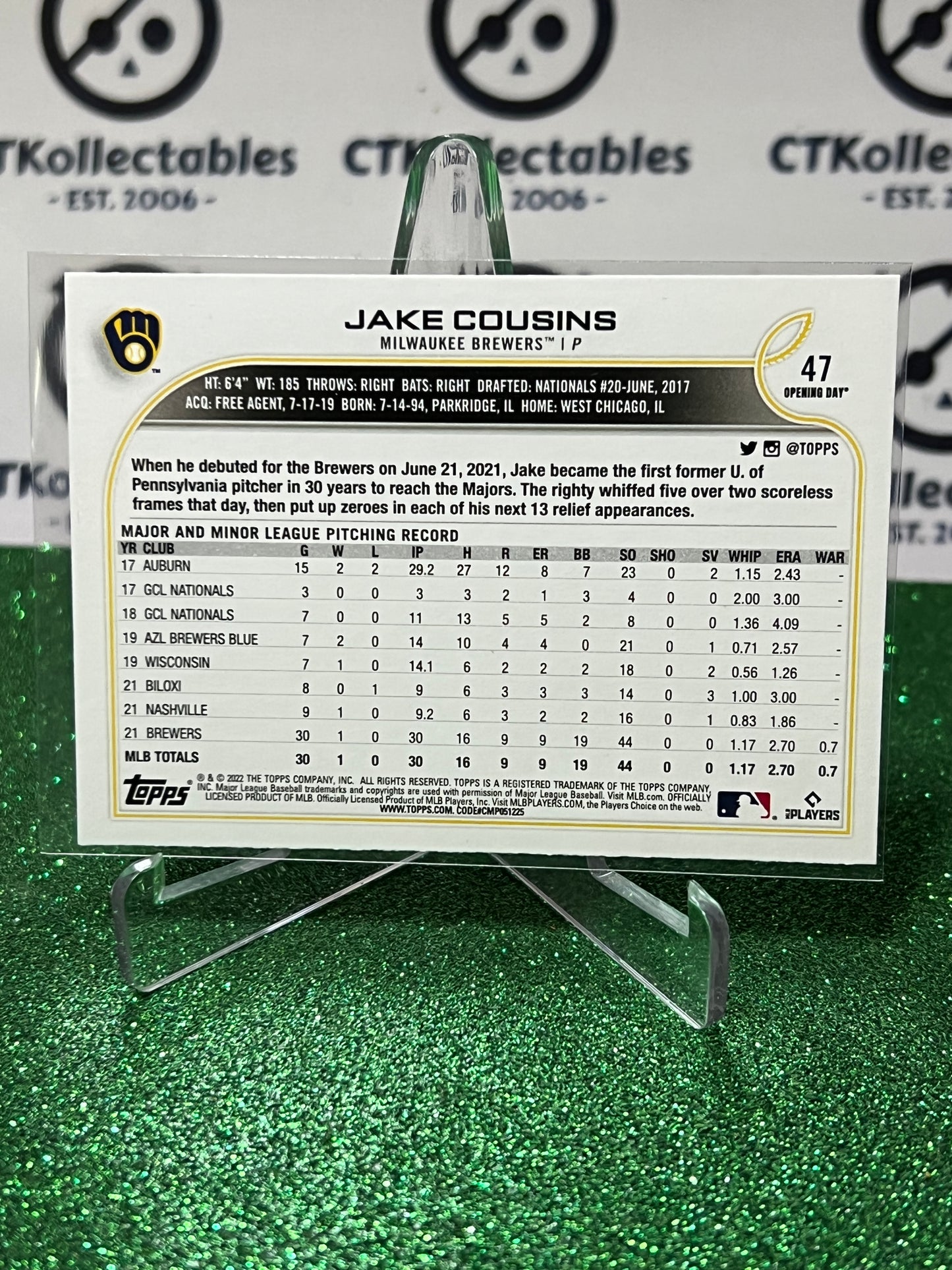 2022 TOPPS OPENING DAY JAKE COUSINS # 47 ROOKIE MILWAUKEE BREWERS BASEBALL CARD
