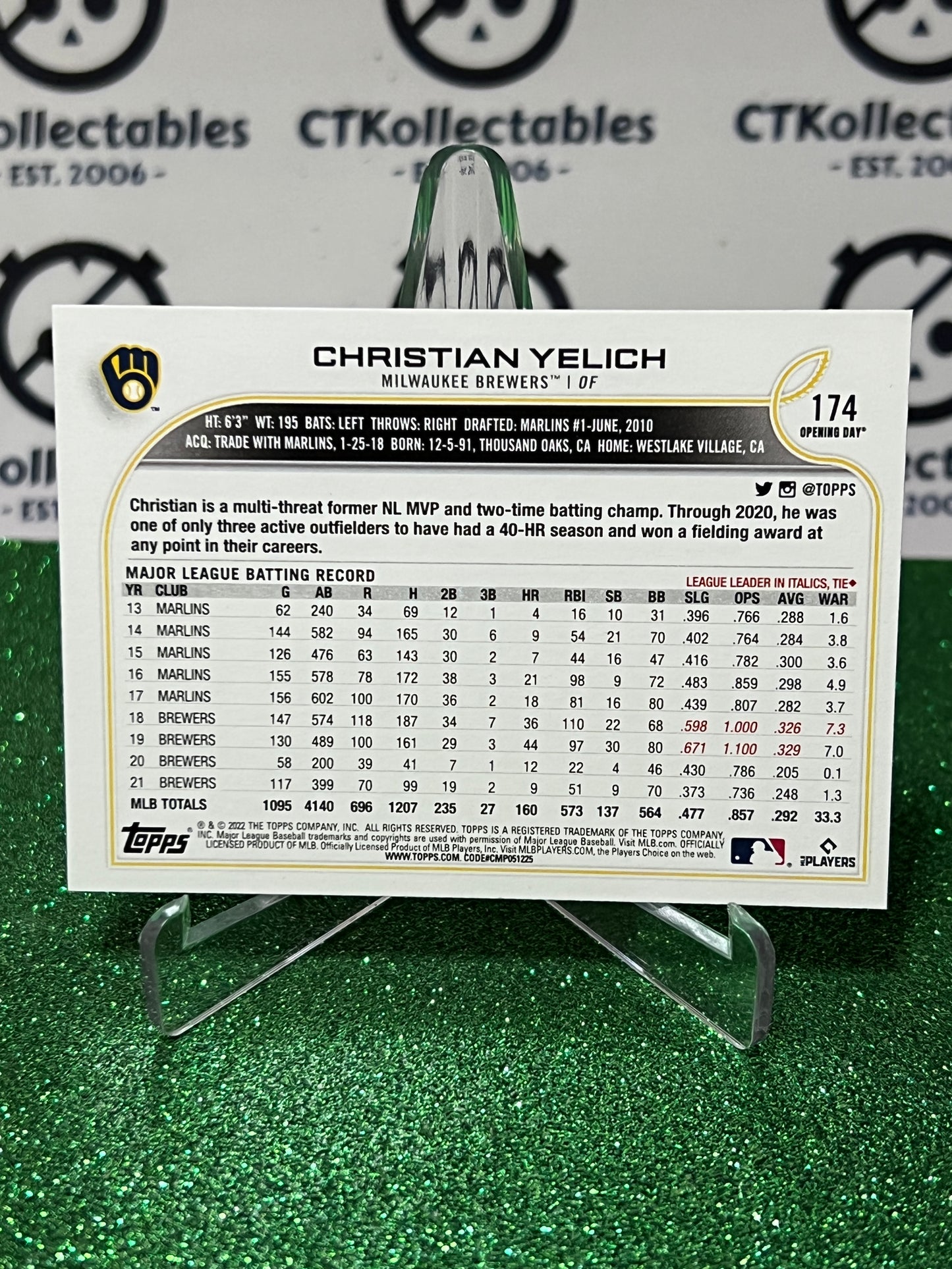 2022 TOPPS OPENING DAY CHRISTIAN YELICH # 174 MILWAUKEE BREWERS BASEBALL CARD