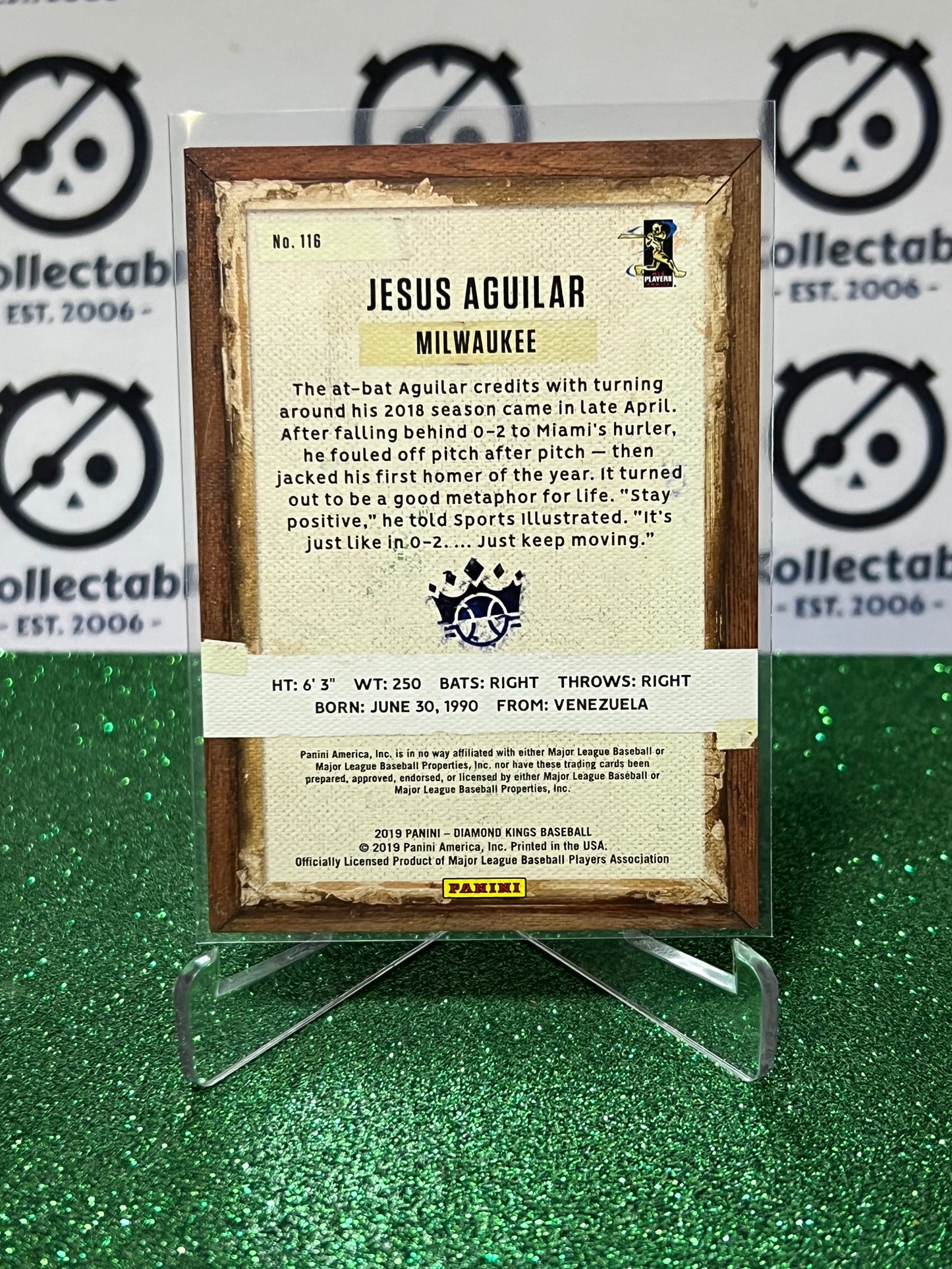 2019 PANINI DIAMOND KINGS JESUS AGUILAR # 116 FRAMED PLUM MILWAUKEE BREWERS BASEBALL CARD