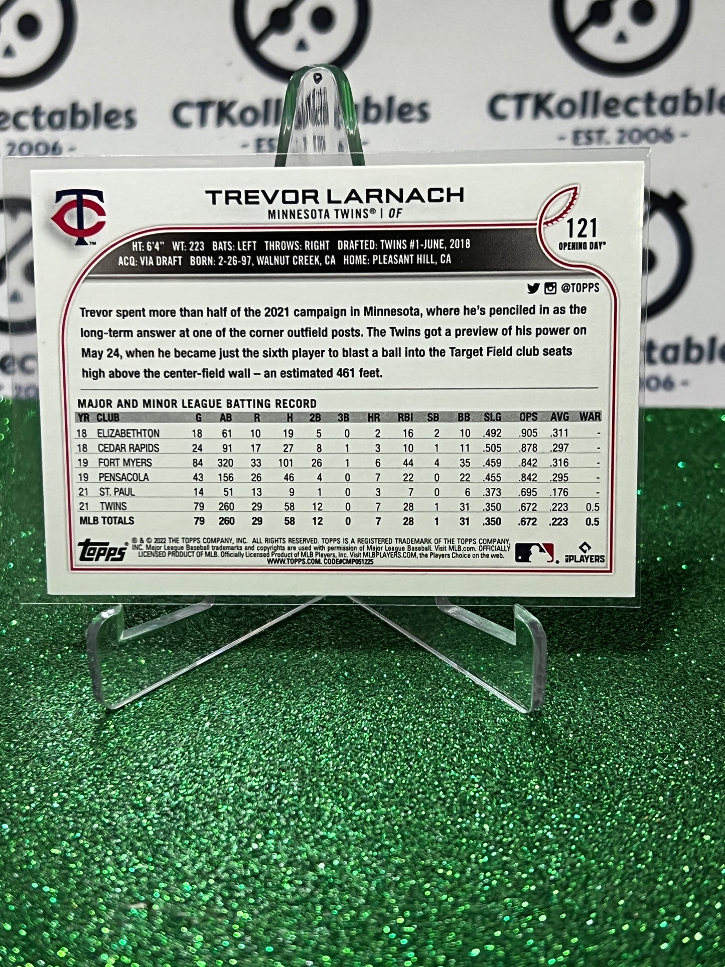 2022 TOPPS OPENING DAY TREVOR LARNACH # 121 FUTURE STARS MINNESOTA TWINS BASEBALL