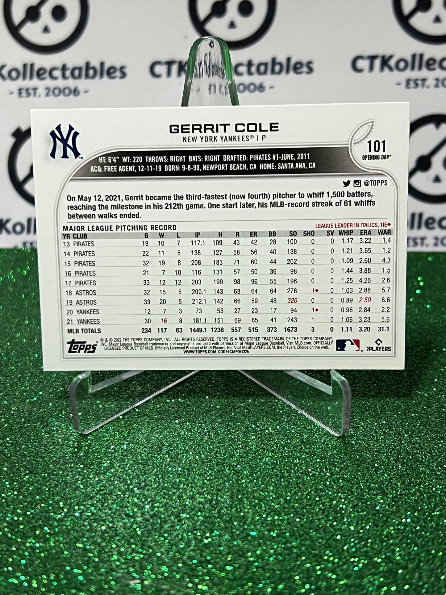 2022 TOPPS OPENING DAY GERRIT COLE # 101 NEW YORK YANKEES BASEBALL CARD