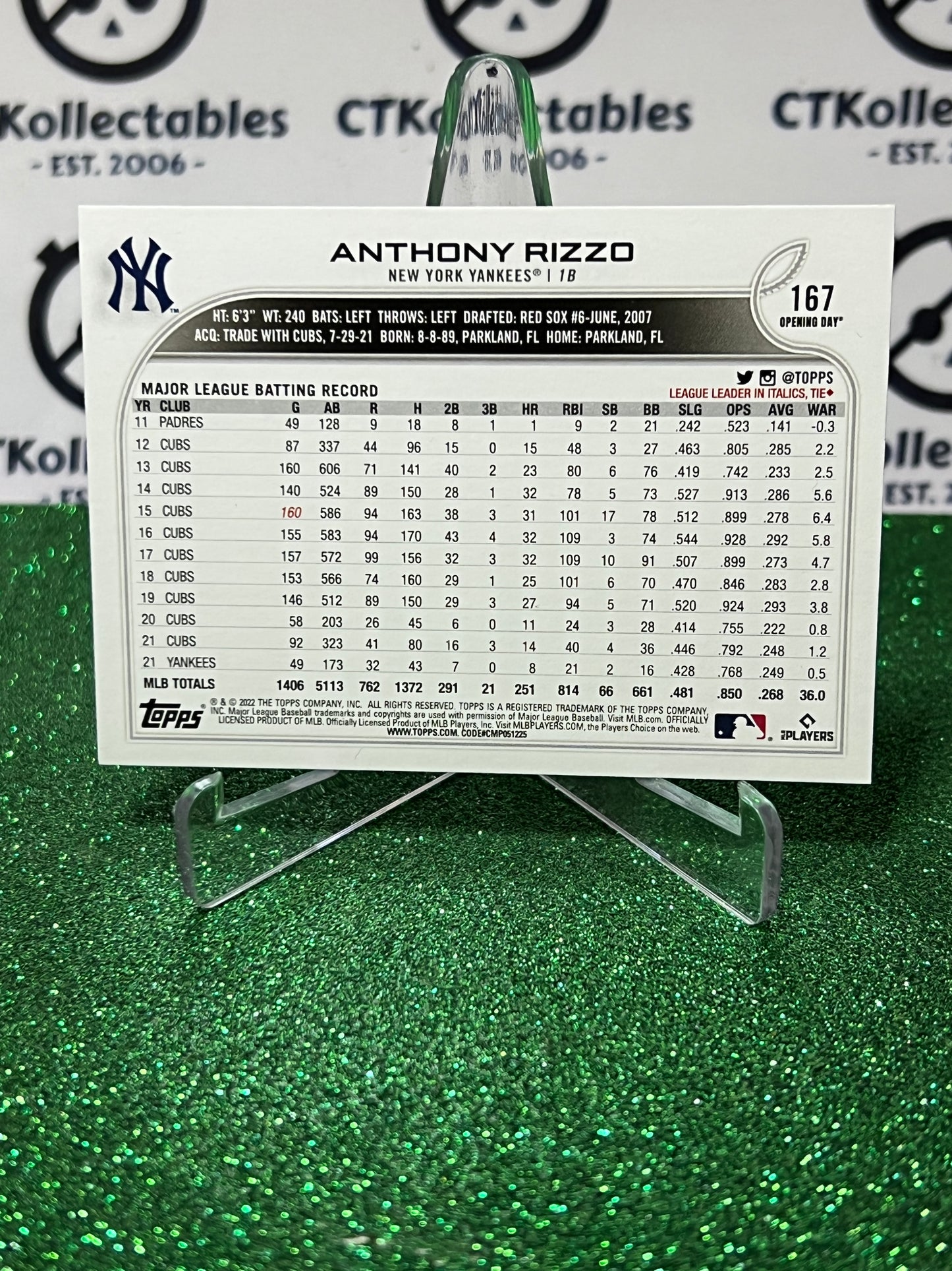 2022 TOPPS OPENING DAY ANTHONY RIZZO # 167 NEW YORK YANKEES BASEBALL CARD