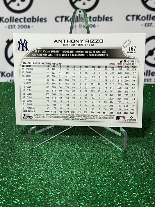 2022 TOPPS OPENING DAY ANTHONY RIZZO # 167 NEW YORK YANKEES BASEBALL CARD