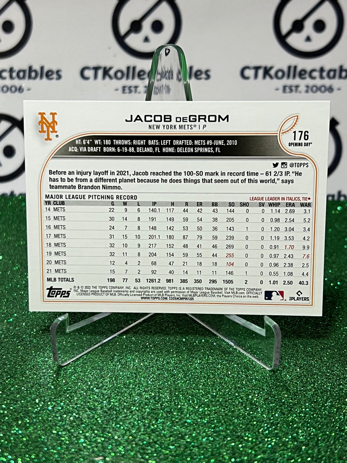 2022 TOPPS OPENING DAY JACOB DEGROM # 176 NEW YORK METS BASEBALL
