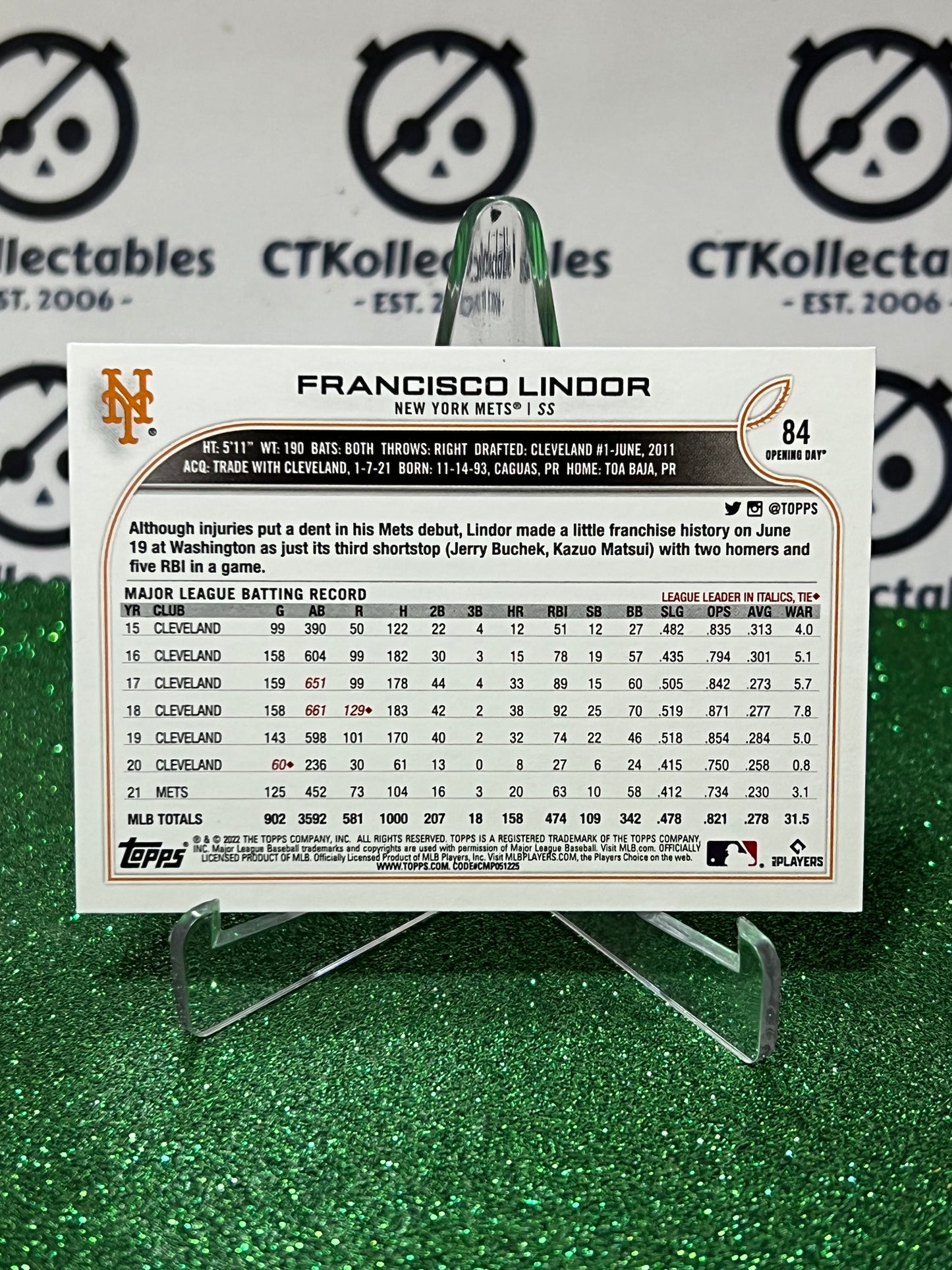 2022 TOPPS OPENING DAY FRANCISCO LINDOR # 84 NEW YORK METS BASEBALL