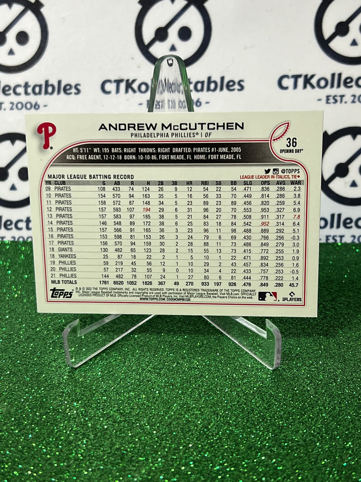 2022 TOPPS OPENING DAY ANDREW McCUTCHEN # 36 PHILADELPHIA PHILLIES BASEBALL CARD