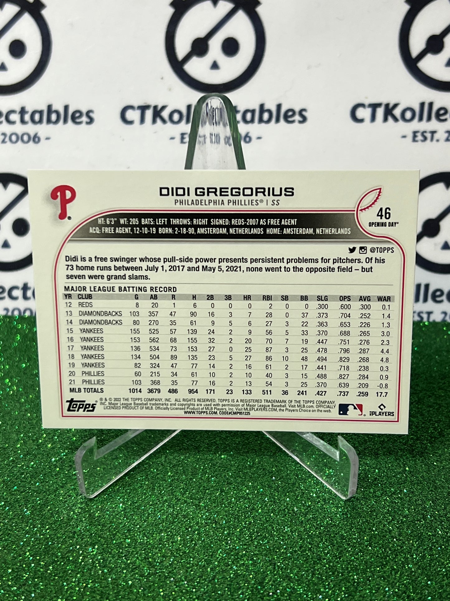 2022 TOPPS OPENING DAY DIDI GREGORIUS # 46 PHILADELPHIA PHILLIES BASEBALL CARD