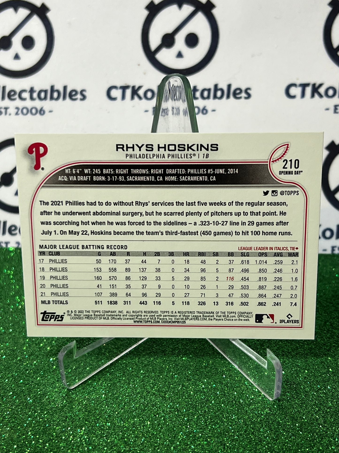 2022 TOPPS OPENING DAY RHYS HOSKINS # 210 PHILADELPHIA PHILLIES BASEBALL CARD