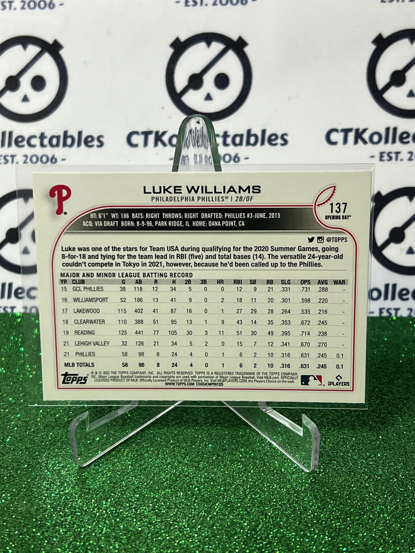 2022 TOPPS OPENING DAY LUKE WILLIAMS # 137 ROOKIE PHILADELPHIA PHILLIES BASEBALL CARD