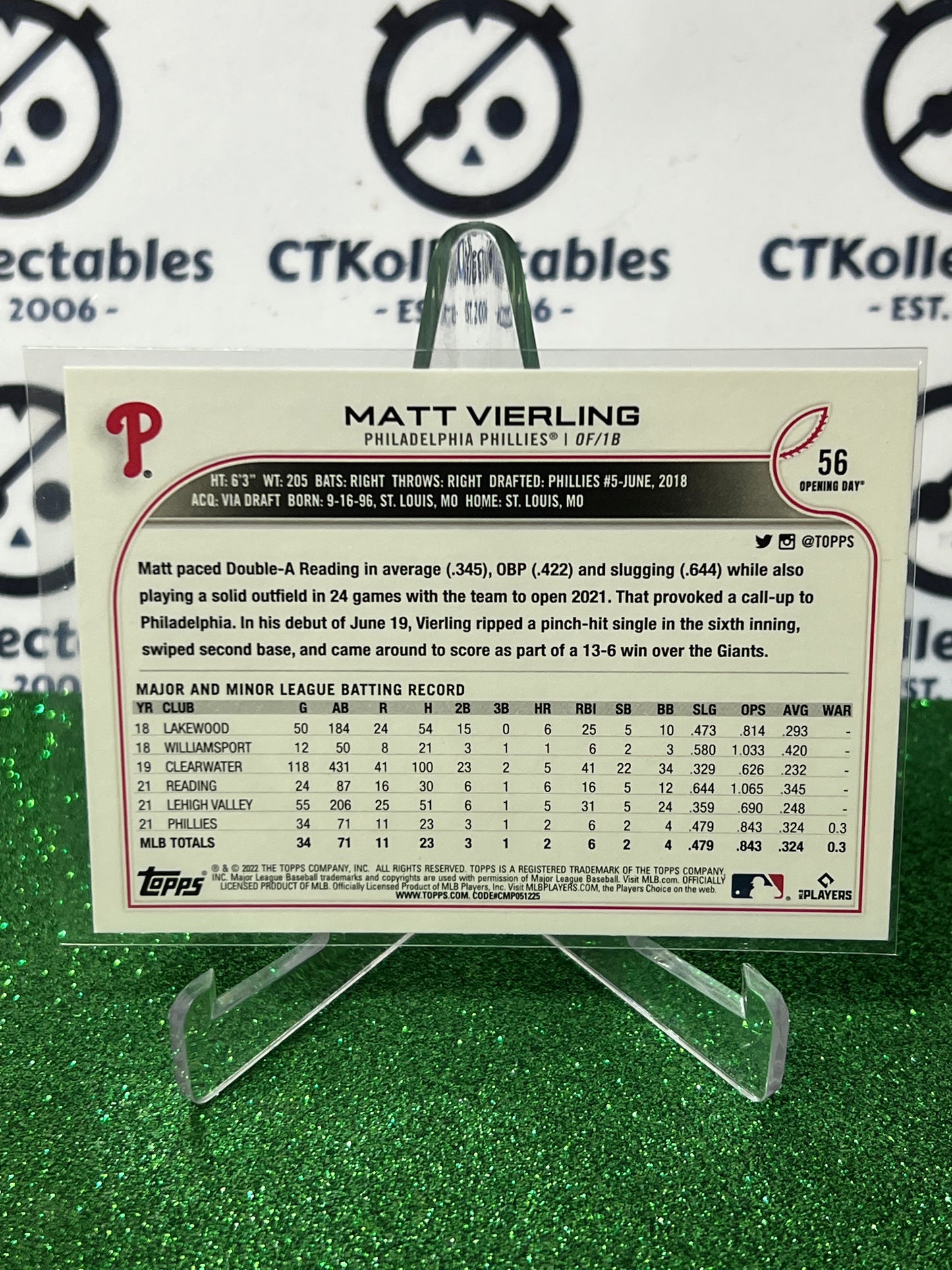 2022 TOPPS OPENING DAY MATT VIERLING # 56 ROOKIE PHILADELPHIA PHILLIES BASEBALL CARD