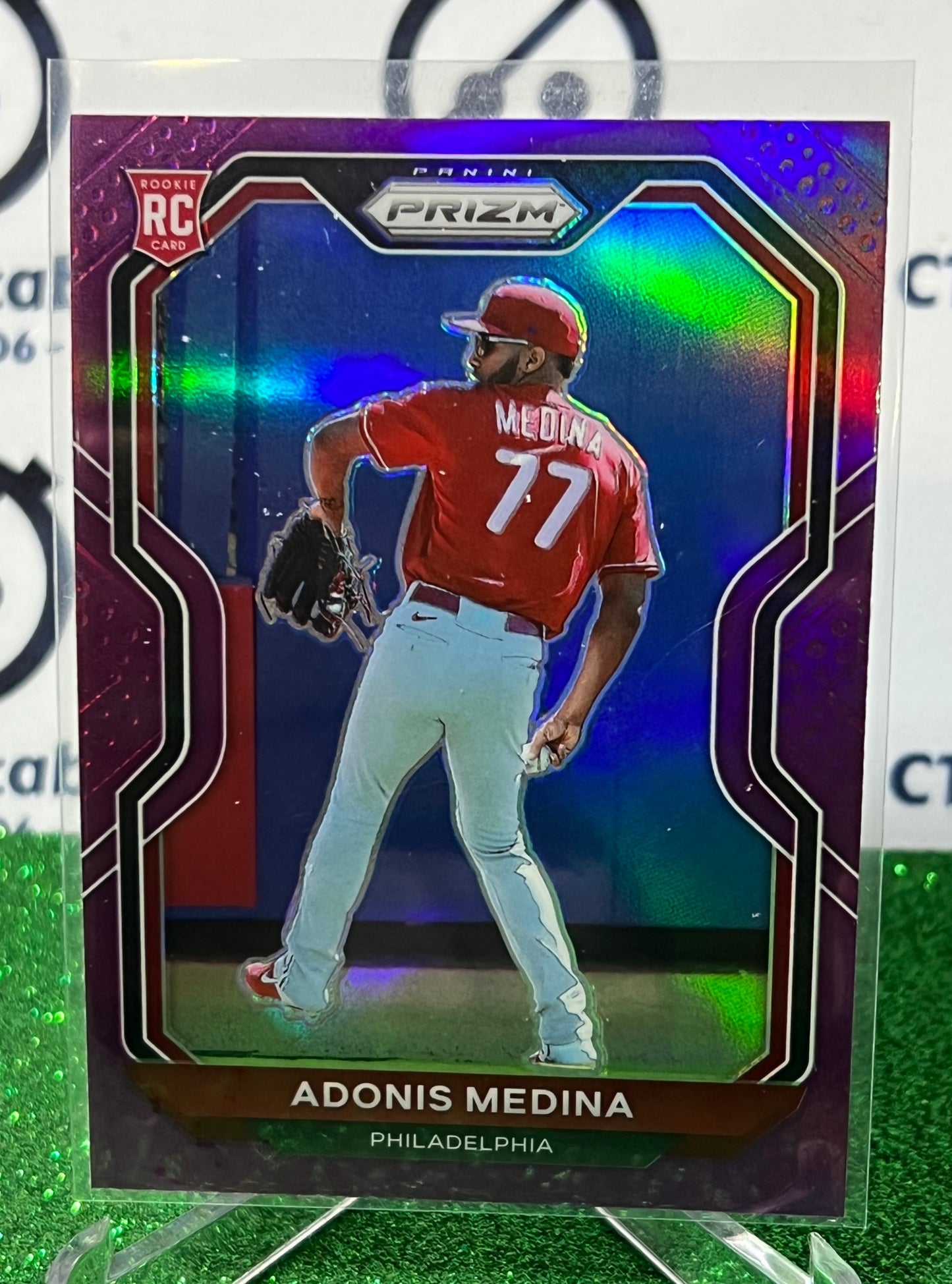 2021 PANINI PRIZM ADONIS MEDINA # 56 ROOKIE PURPLE PRIZM PHILADELPHIA PHILLIES BASEBALL CARD