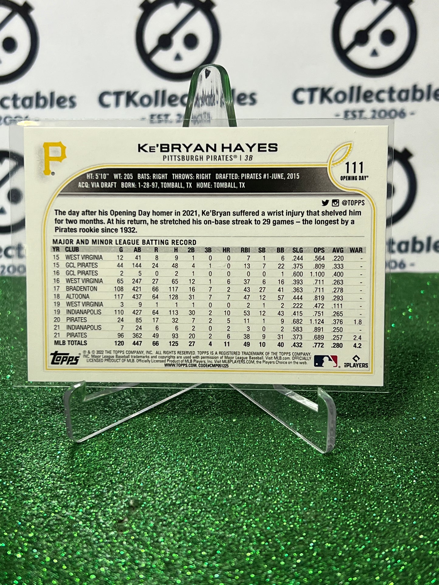 2022 TOPPS OPENING DAY KE'BRYAN HAYES # 111 FUTURE STARS PITTSBURGH PIRATES BASEBALL CARD