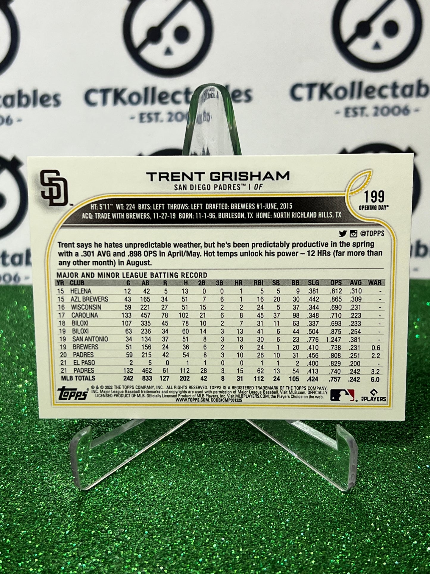 2022 TOPPS OPENING DAY TRENT GRISHAM # 199 SAN DIEGO PADRES BASEBALL CARD