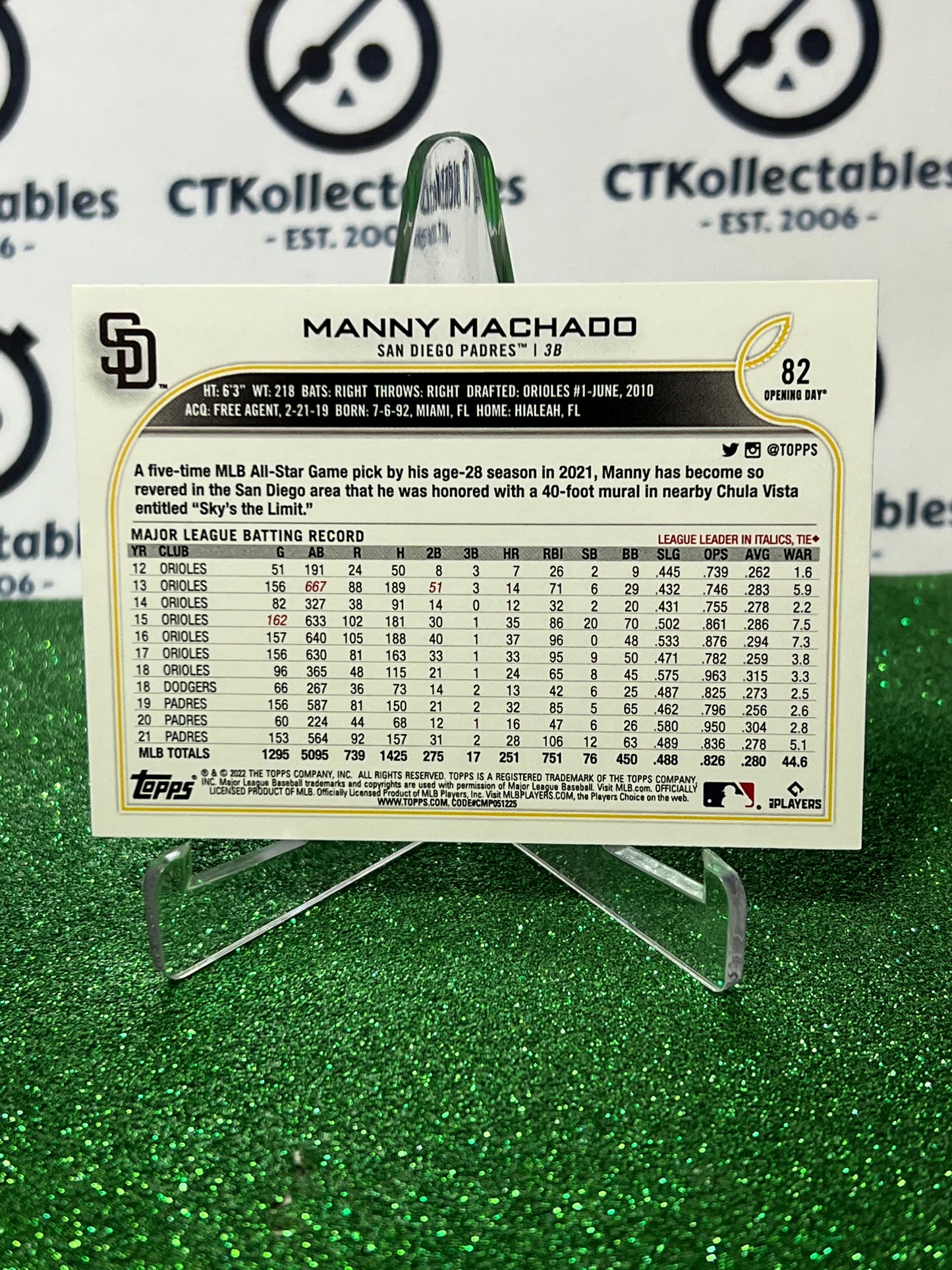 2022 TOPPS OPENING DAY MANNY MACHADO # 82 SAN DIEGO PADRES BASEBALL CARD