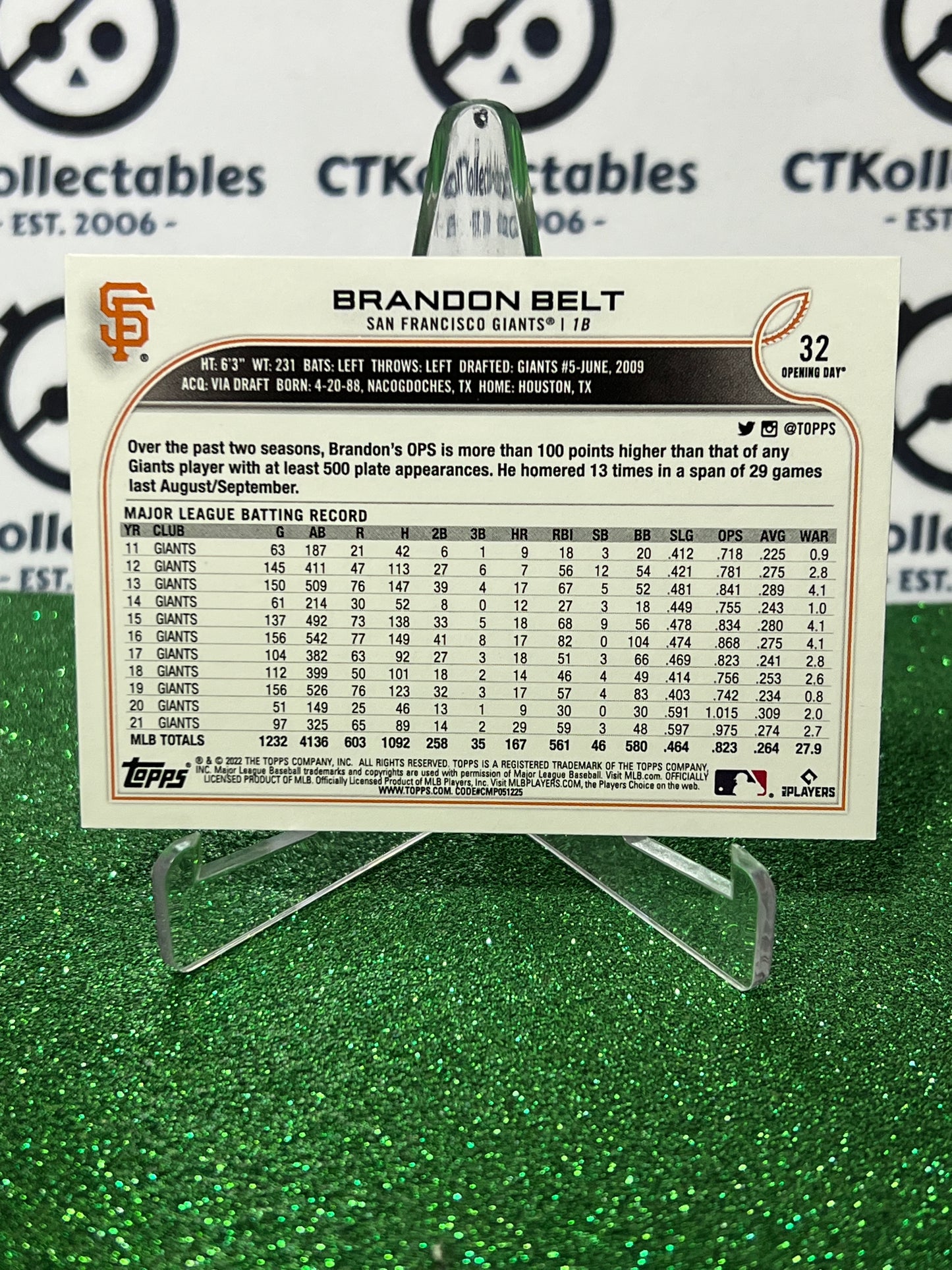 2022 TOPPS OPENING DAY BRANDON BELT # 32 SAN FRANCISCO GIANTS BASEBALL