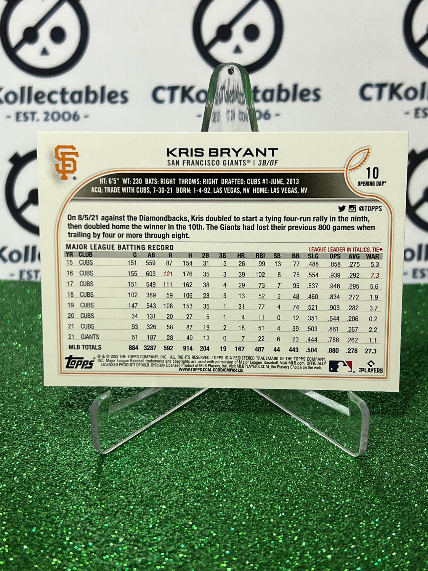 2022 TOPPS OPENING DAY KRIS BRYANT # 10 SAN FRANCISCO GIANTS BASEBALL