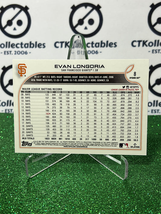 2022 TOPPS OPENING DAY EVAN LONGORIA # 8 SAN FRANCISCO GIANTS BASEBALL