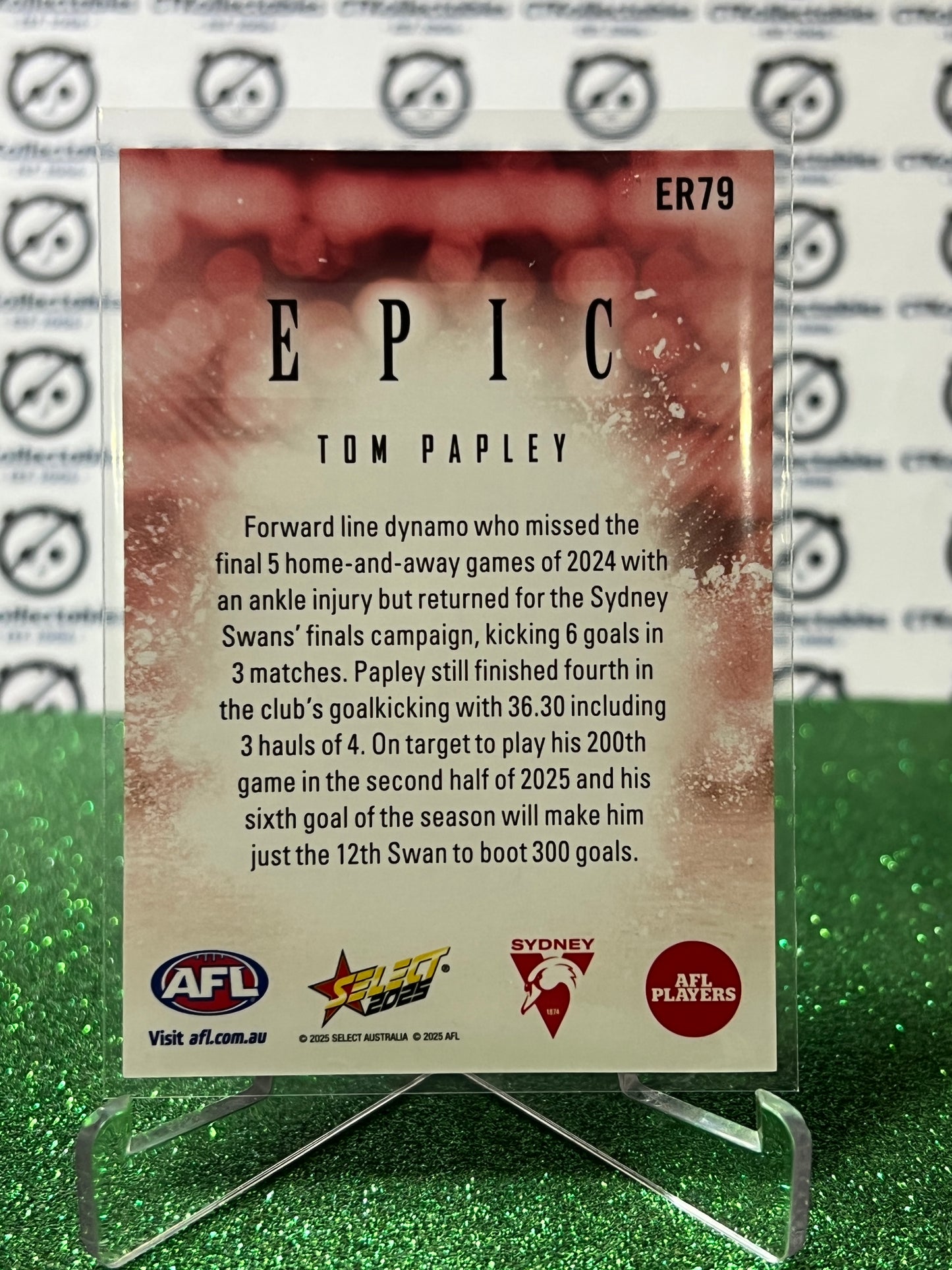 2025 AFL SELECT FOOTY STARS TOM PAPLEY # ER79 EPIC SYDNEY SWANS CARD