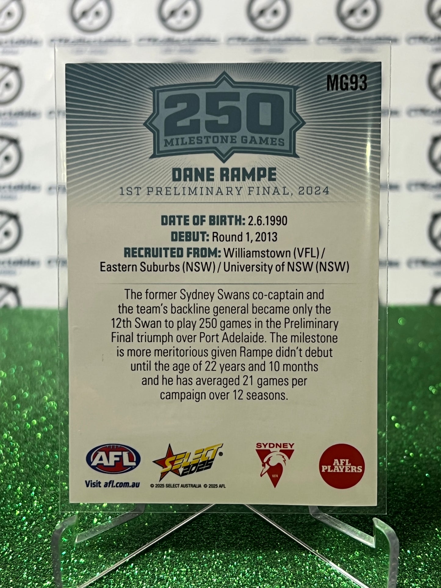 2025 AFL SELECT FOOTY STARS DANE RAMPE # MG93 MILESTONE SYDNEY SWANS CARD