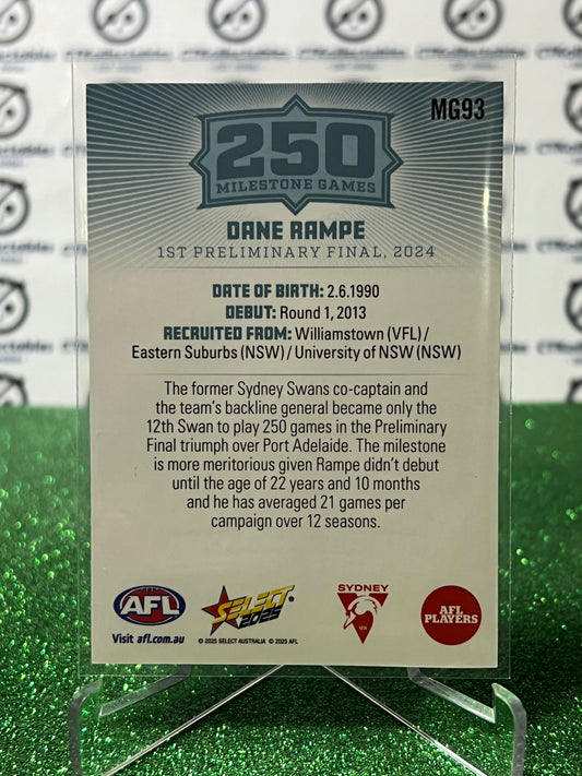 2025 AFL SELECT FOOTY STARS DANE RAMPE # MG93 MILESTONE SYDNEY SWANS CARD