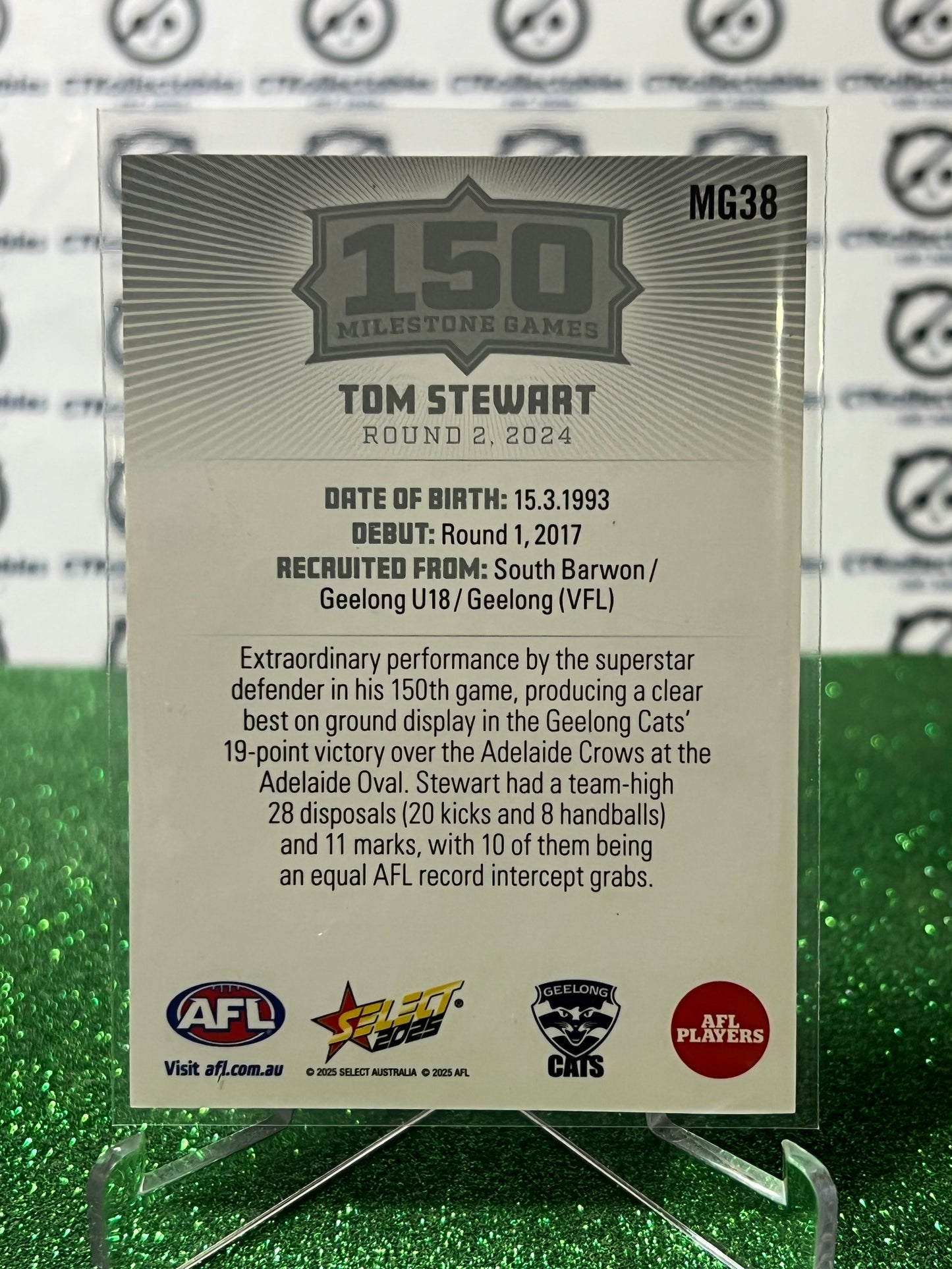 2025 AFL SELECT FOOTY STARS TOM STEWART # MG38 MILESTONE GEELONG CATS CARD