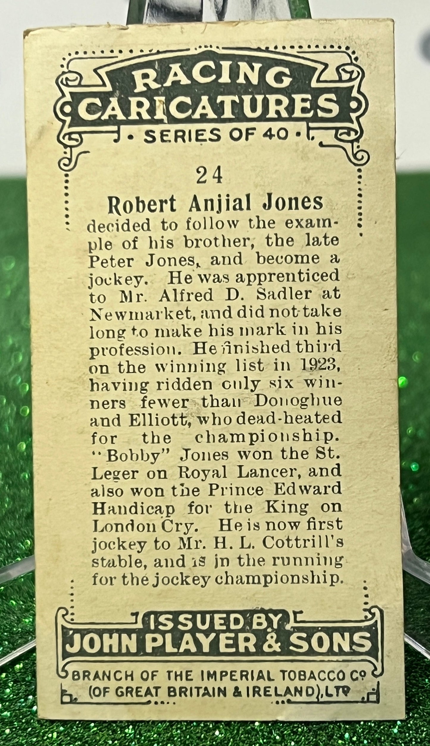 1925 PLAYER'S CIGARETTES HORSE RACING CARICATURES ROBERT ANJIAL JONES # 24 JOHN PLAYER & SONS CARD
