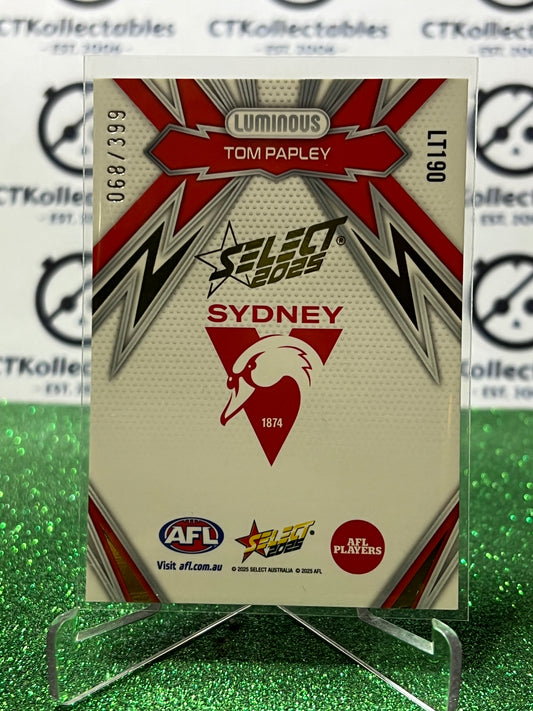 2025 AFL SELECT FOOTY STARS TOM PAPLEY # LT190 LUMINOUS / 399 THUNDERBOLT GOLD SYDNEY SWANS CARD