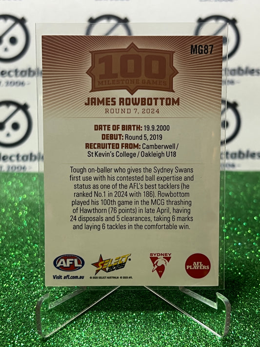 2025 AFL SELECT FOOTY STARS JAMES ROWBOTTOM # MG87 MILESTONE SYDNEY SWANS CARD