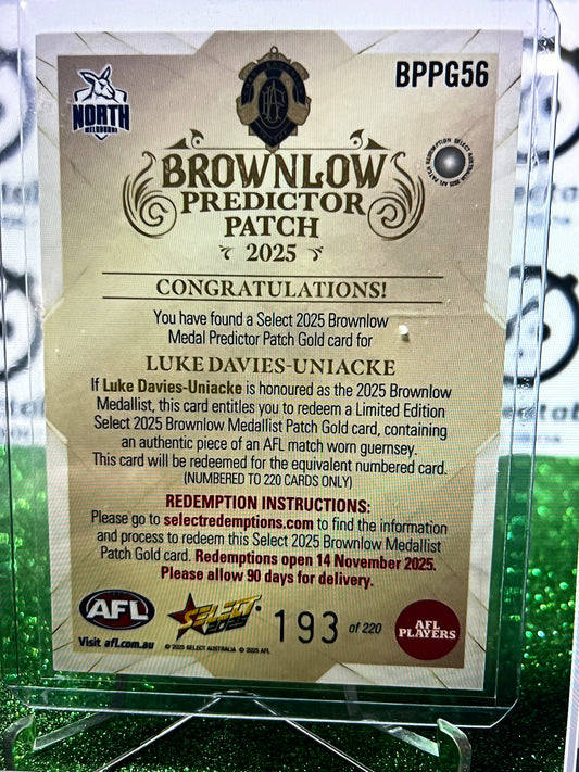 2025 AFL SELECT FOOTY STARS LUKE DAVIES-UNIACKE # BBPG56 BROWNLOWS PREDICTOR PATCH NORTH MELBOURNE KANGAROOS CARD
