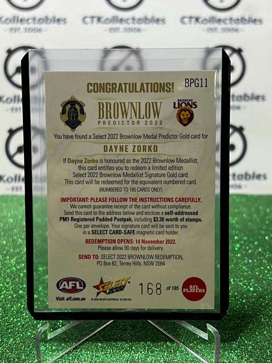 2022 AFL SELECT FOOTY STARS DAYNE ZORKO # BPG11 BRISBANE LIONS BROWNLOW / 185 TRADING CARD
