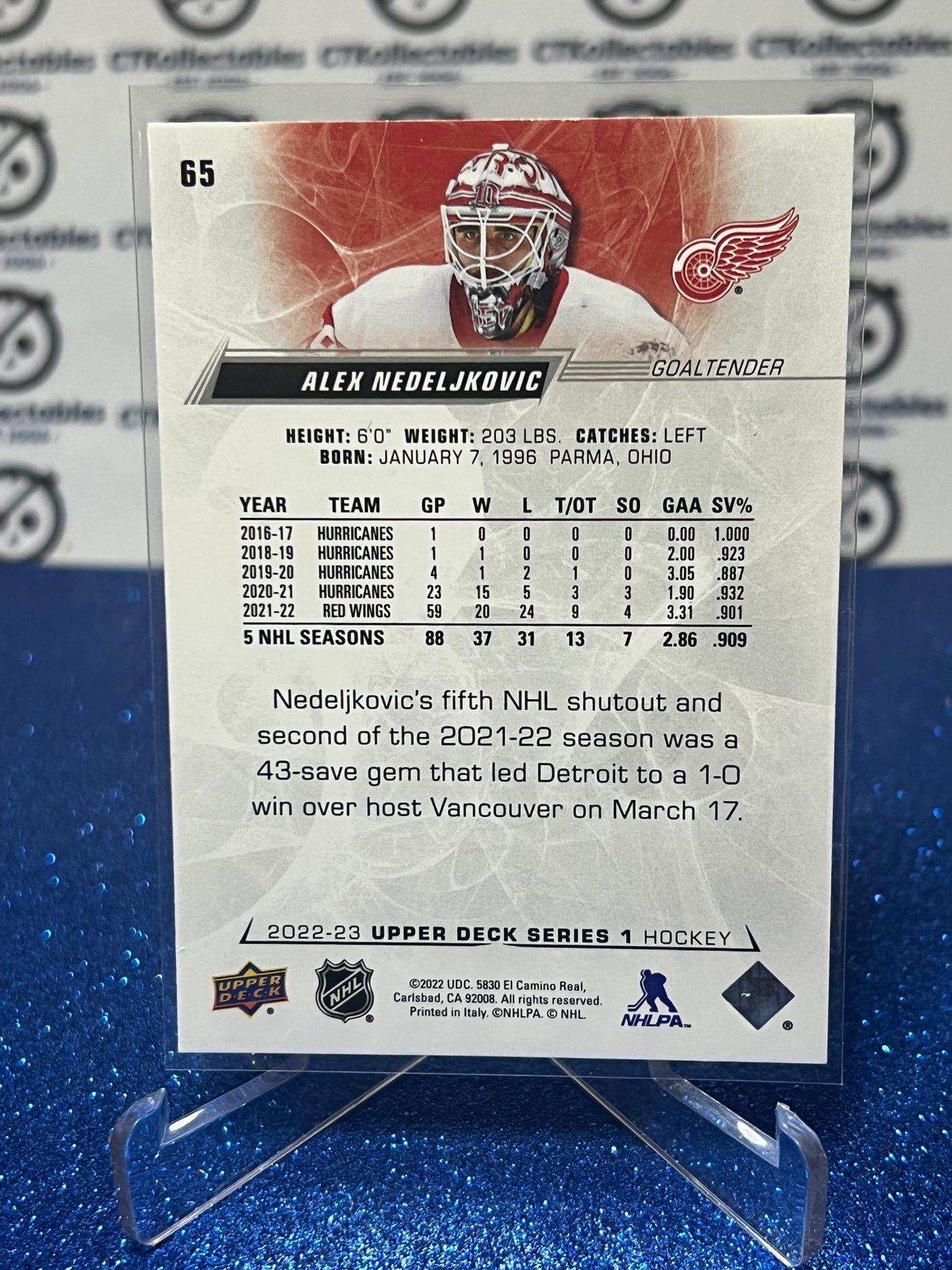 2022-23 UPPER DECK ALEX NEDELJKOVIC # 65 GOALTENDER DETROIT RED WINGS HOCKEY CARD