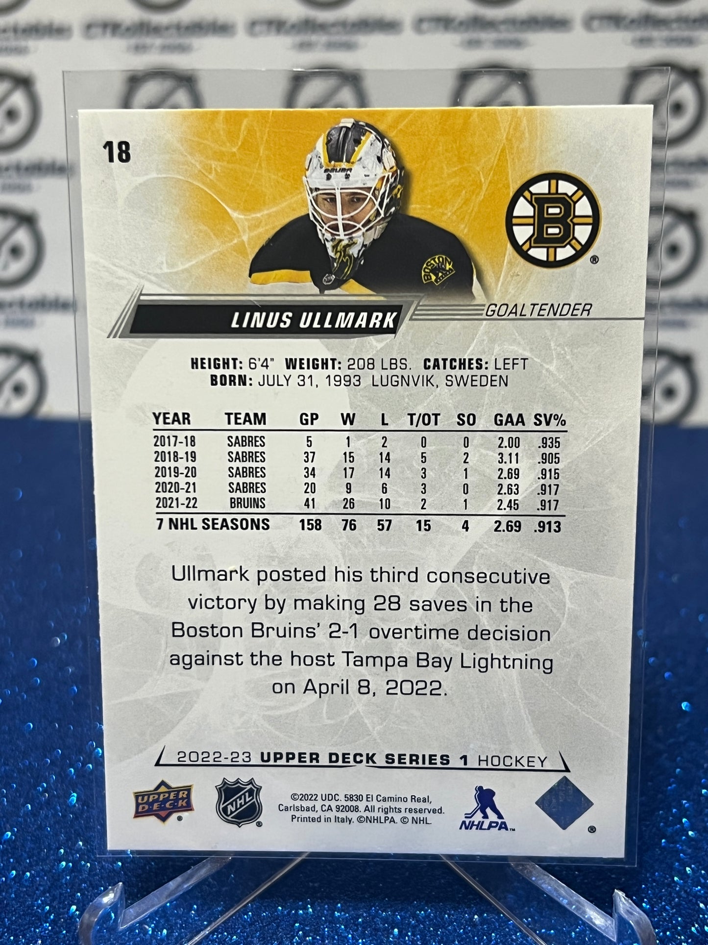 2022-23 UPPER DECK LINUS ULLMARK # 18 GOALTENDER BOSTON BRUINS HOCKEY CARD