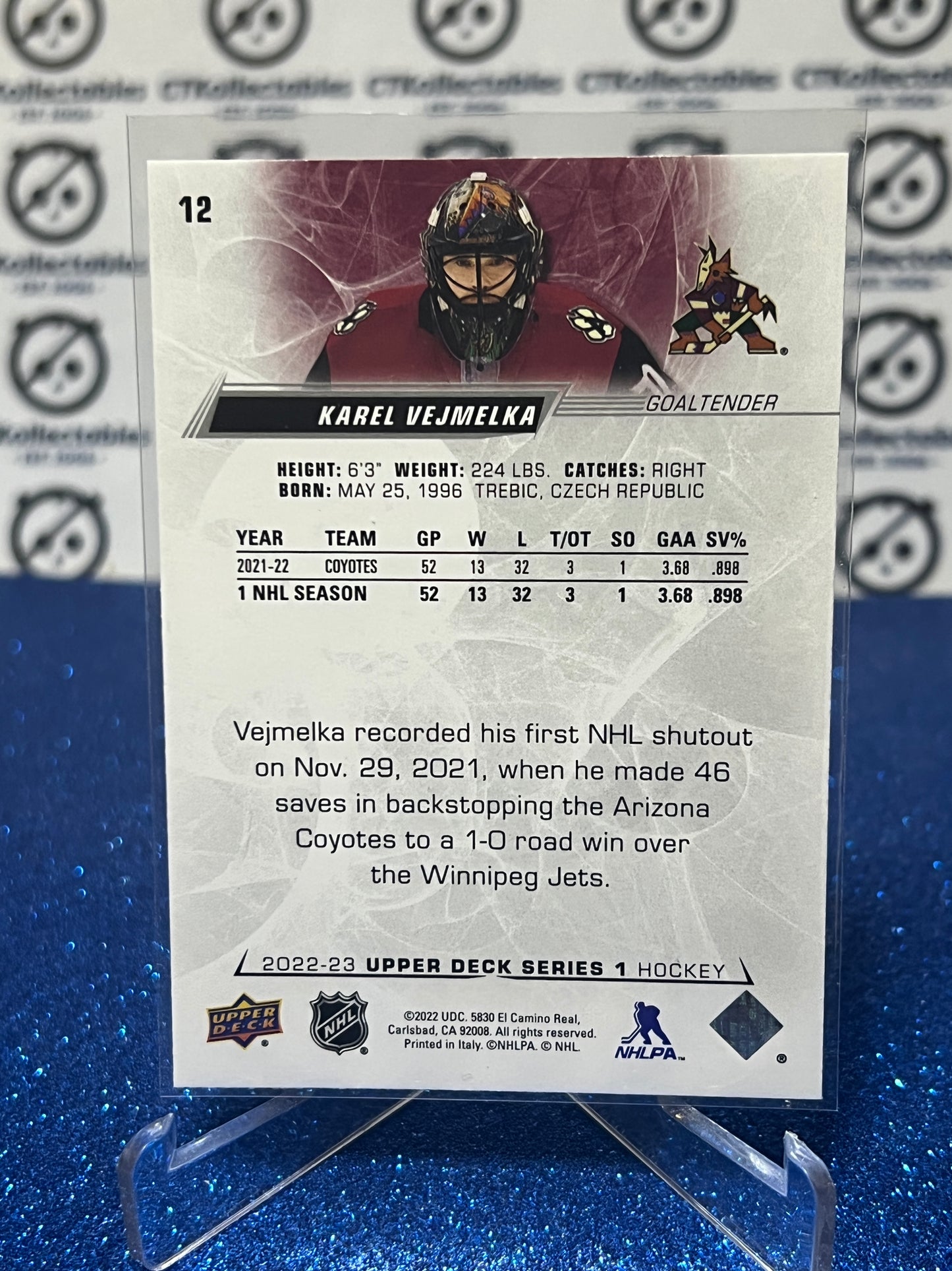 2022-23 UPPER DECK KAREL VEJMELKA # 12 ROOKIE GOALTENDER ARIZONA COYOTES HOCKEY CARD