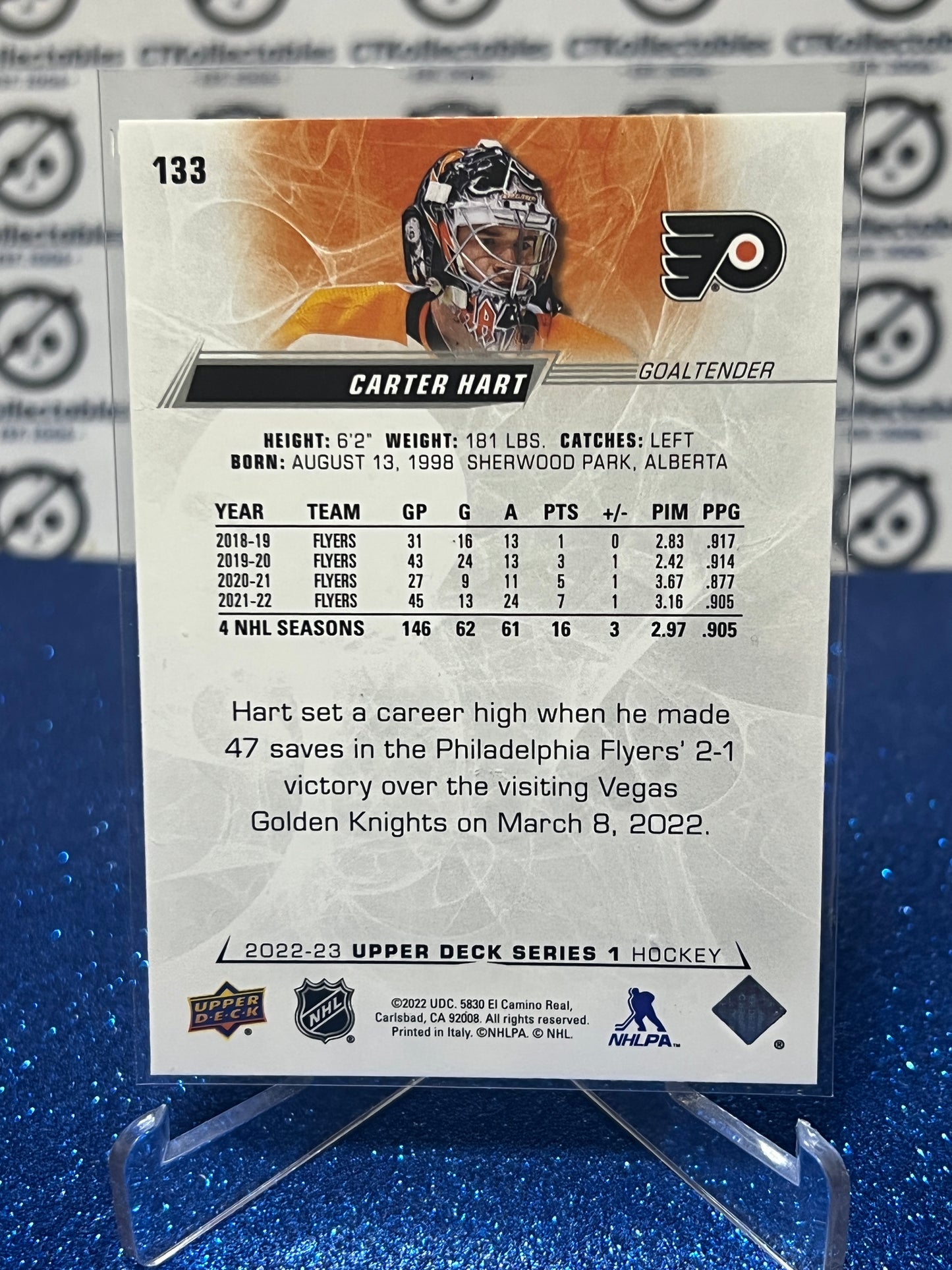 2022-23 UPPER DECK CARTER HART # 133 GOALTENDER PHILADELPHIA FLYERS HOCKEY CARD