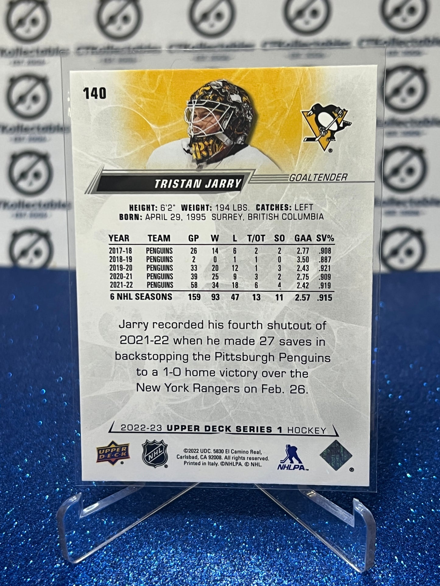 2022-23 UPPER DECK TRISTAN JARRY # 140 GOALTENDER PITTSBURGH PENGUINS HOCKEY CARD