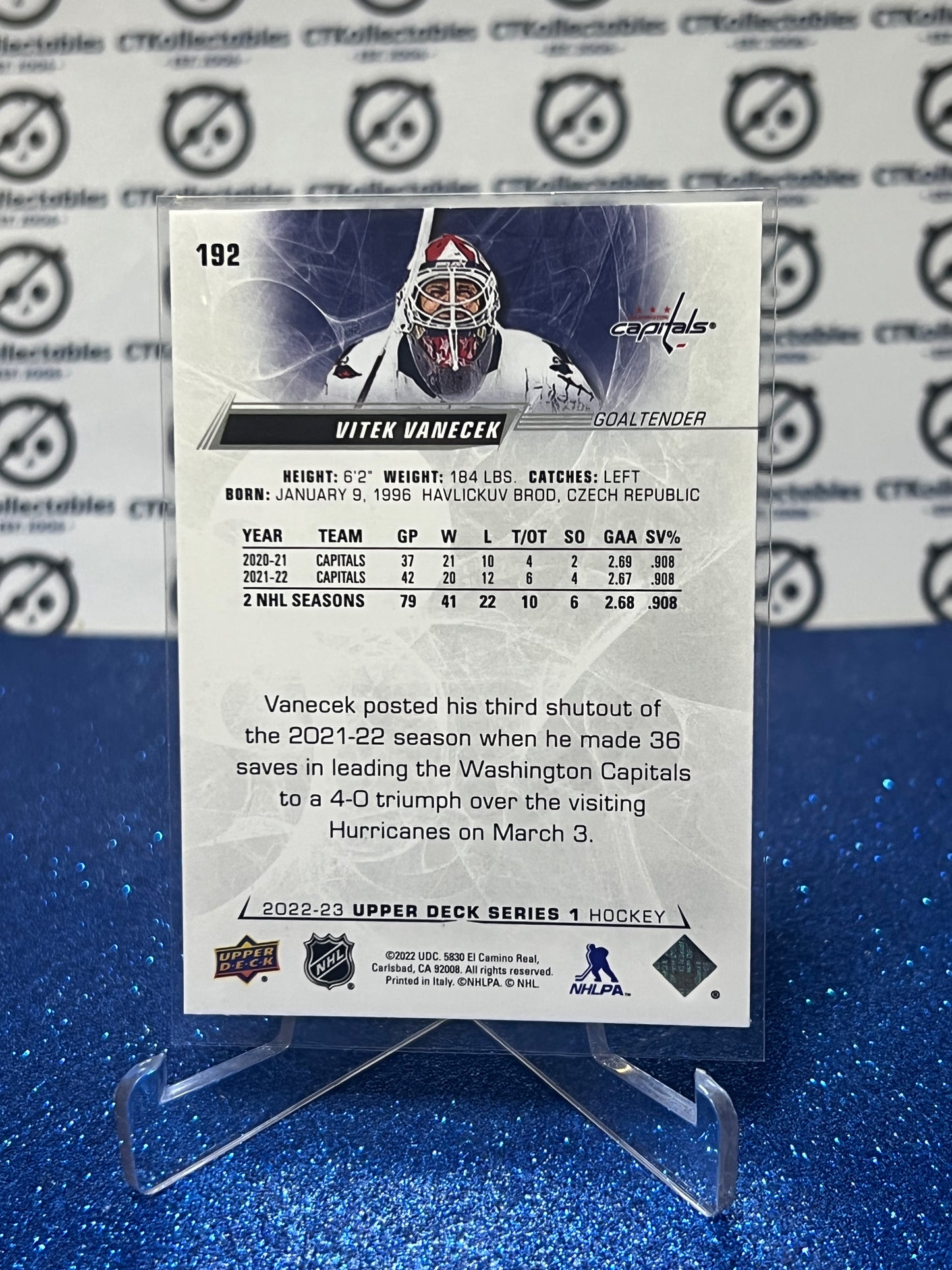 2022-23 UPPER DECK VITEK VANECEK # 192 GOALTENDER WASHINGTON CAPITALS HOCKEY CARD