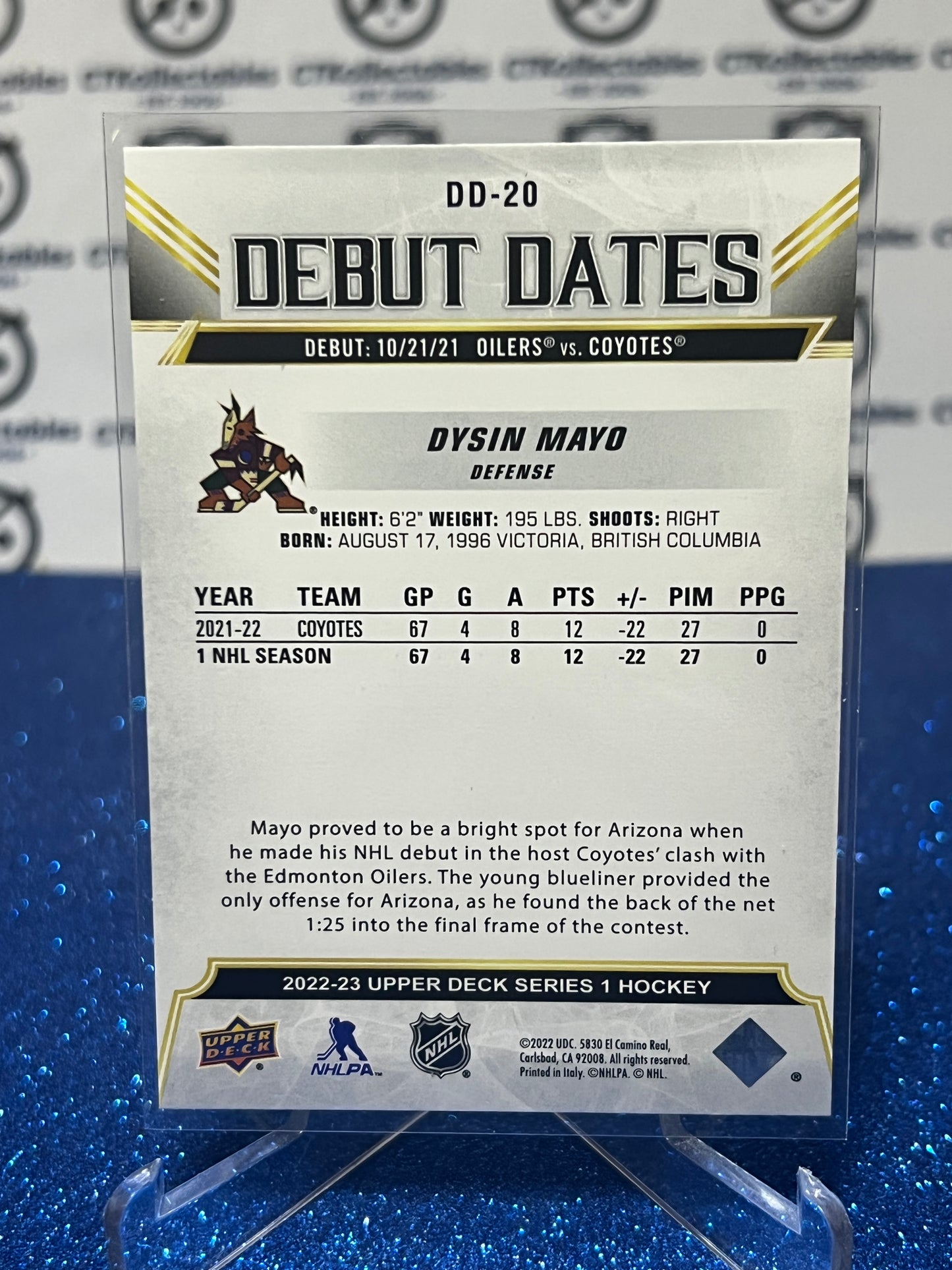 2022-23 UPPER DECK DYSIN MAYO # DD-20 ROOKIE DEBUT DATES ARIZONA COYOTES HOCKEY CARD
