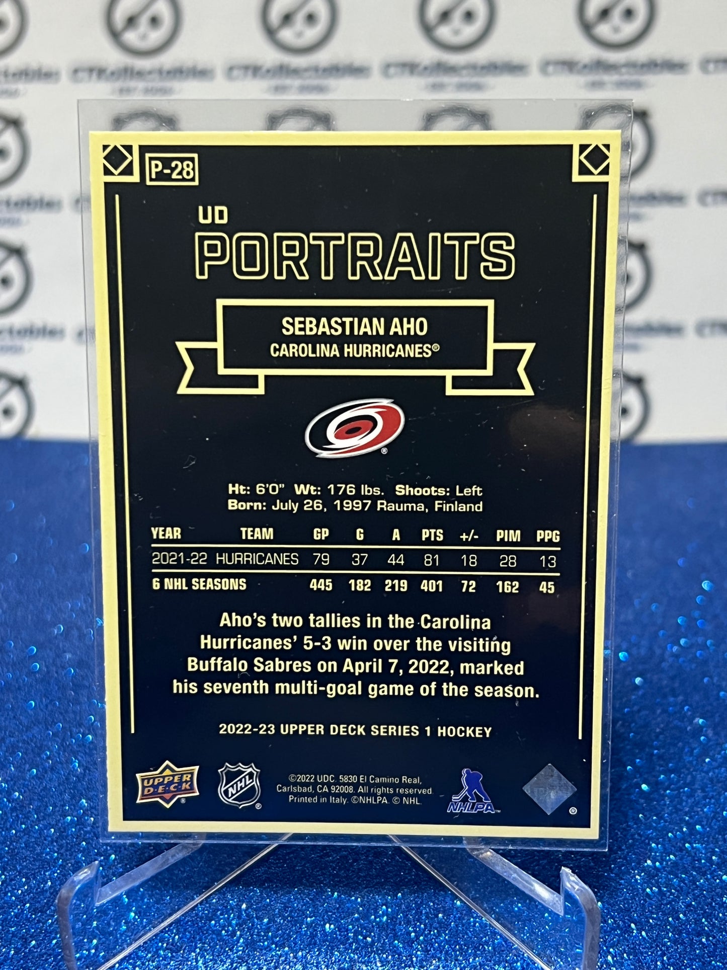 2022-23 UPPER DECK SEBASTIAN AHO # P-28 PORTRAITS CAROLINA HURRICANES HOCKEY CARD