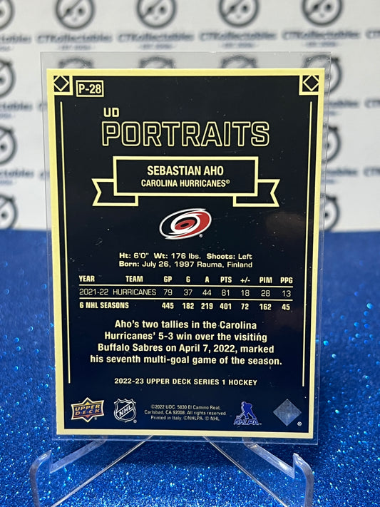 2022-23 UPPER DECK SEBASTIAN AHO # P-28 PORTRAITS CAROLINA HURRICANES HOCKEY CARD