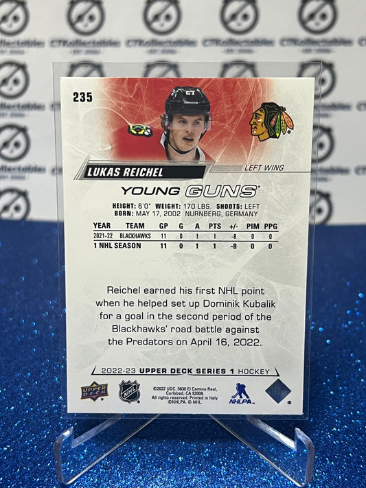 2022-23 UPPER DECK LUKAS REICHEL # 235 ROOKIE YOUNG GUNS CHICAGO BLACKHAWKS HOCKEY CARD