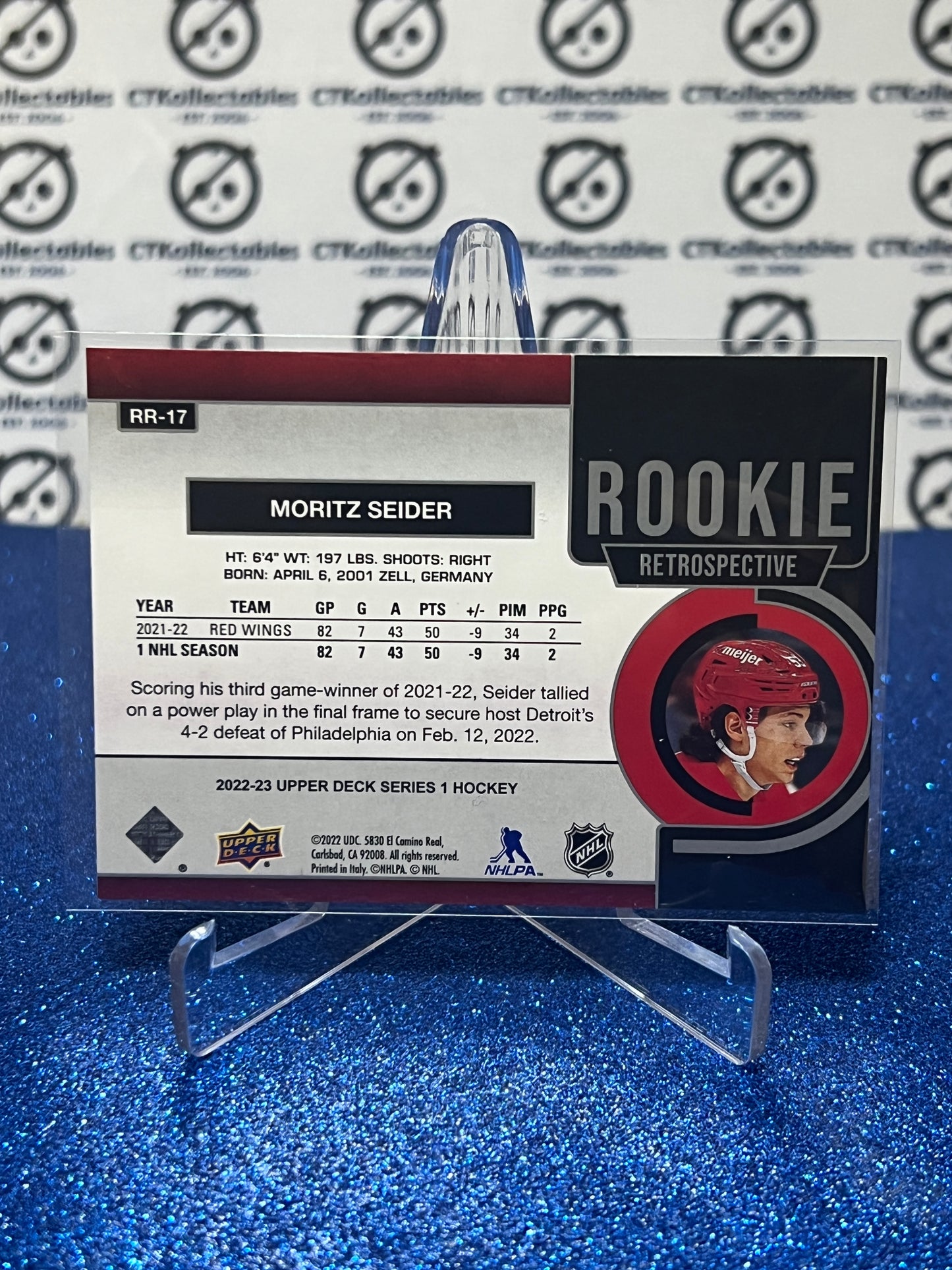 2022-23 UPPER DECK MORITZ SEIDER # RR-17 ROOKIE RETROSPECTIVE DETROIT RED WINGS HOCKEY CARD